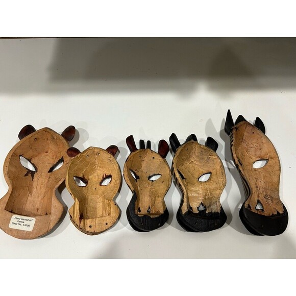 Set of  5 Hand Carved Wooden Mask African Animal Zebra Giraffe Wall Hanging - Picture 3 of 11